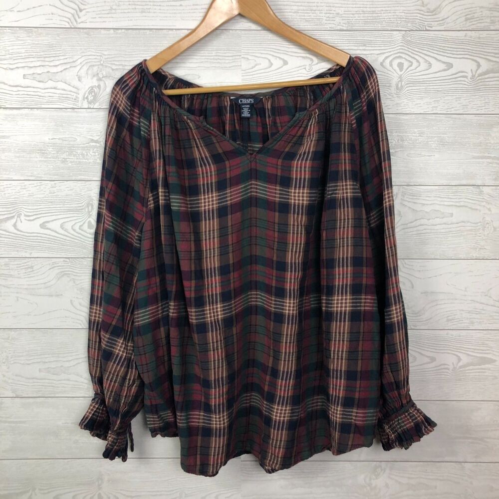 Chaps Women's 1X Plaid V Neck Top Ruffle Cuff Long Sleeve 100% Cotton Shirt